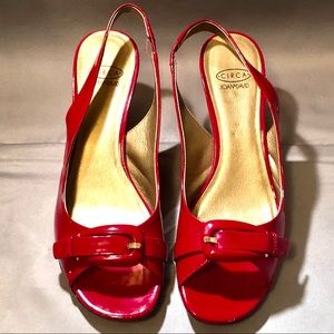 Joan and David Red Patent Leather Slingback Wedge